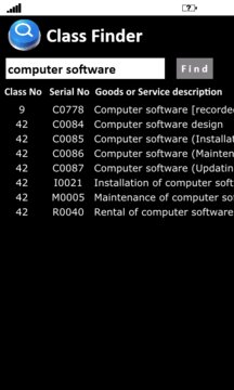 Trademark Class Finder Screenshot Image
