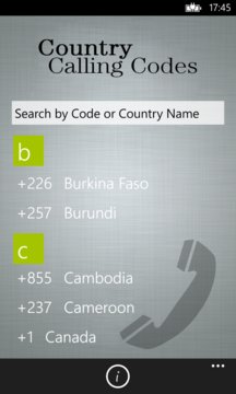 Country Calling Codes Screenshot Image