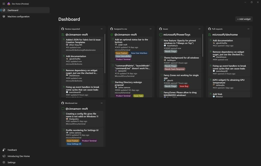 Dev Home GitHub Extension (Preview) Screenshot Image