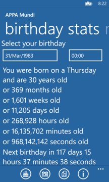 Birthday Stats Screenshot Image