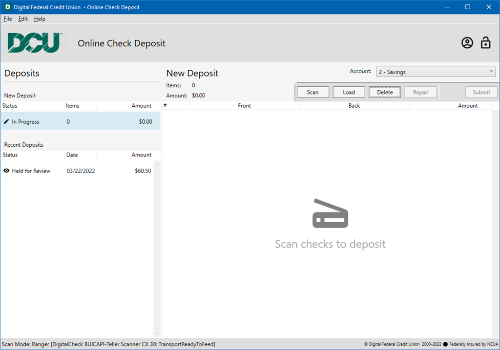 DCU Online Check Deposit Screenshot Image
