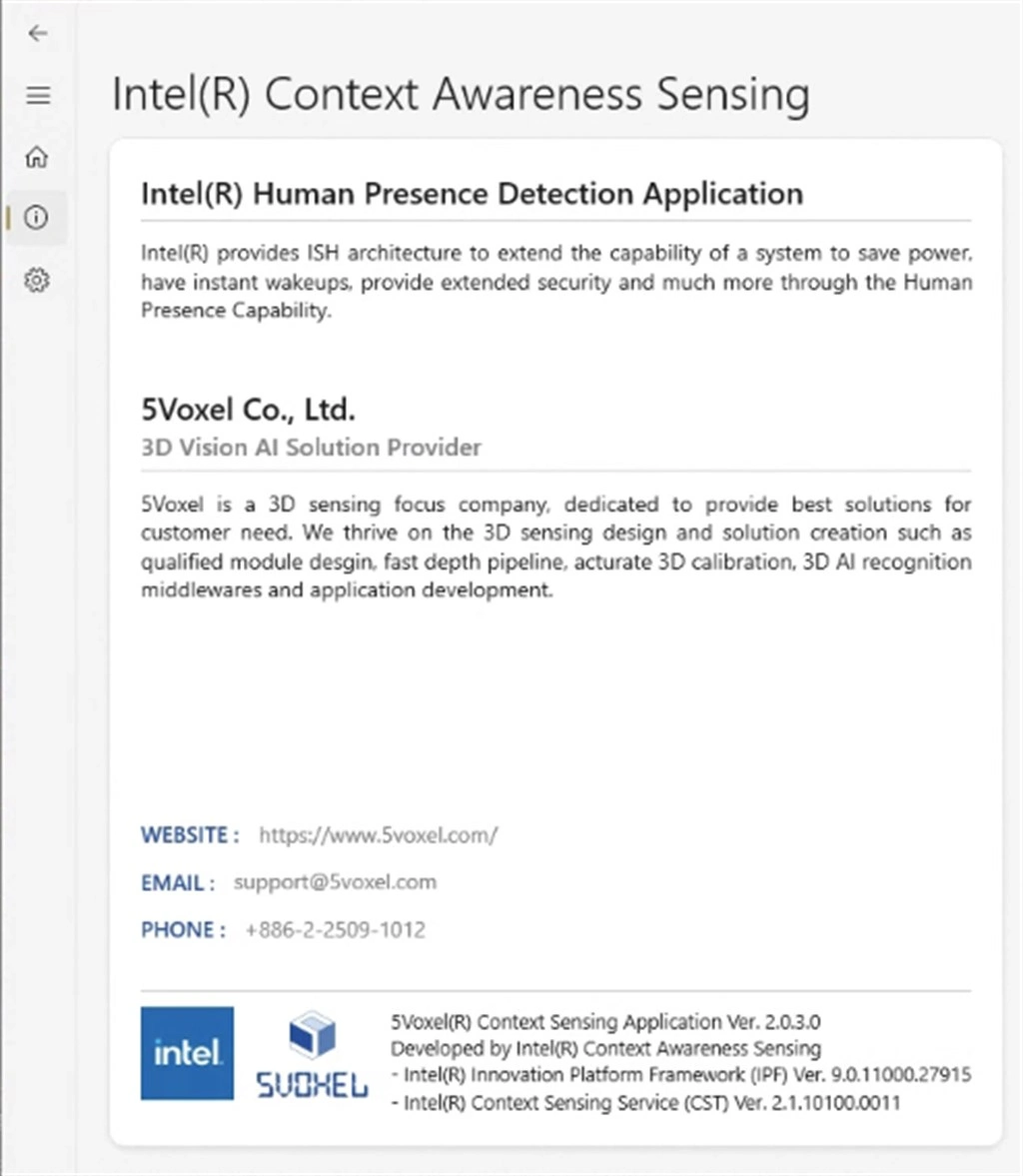 Intel(R) Context Awareness Sensing Screenshot Image #1
