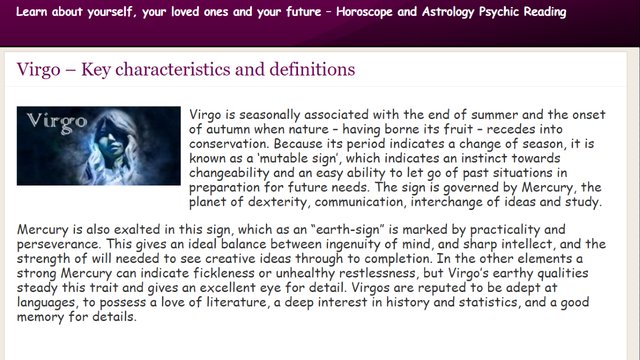 Virgo Astrology and Horoscope Screenshot Image