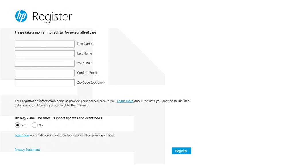 HP Registration Screenshot Image