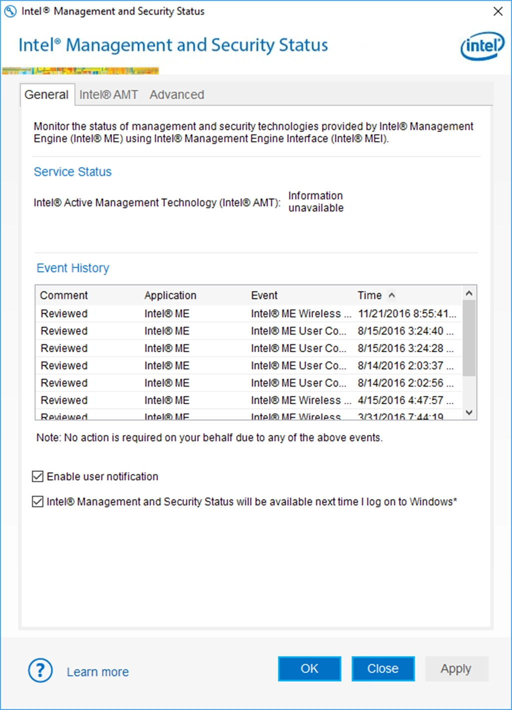 Intel(R) Management and Security Status Screenshot Image