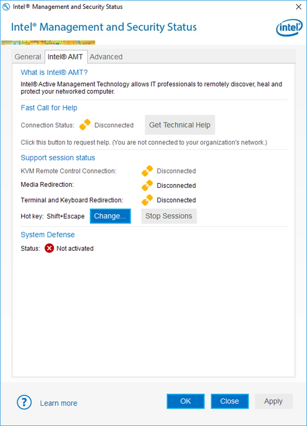 Intel(R) Management and Security Status Screenshot Image #2