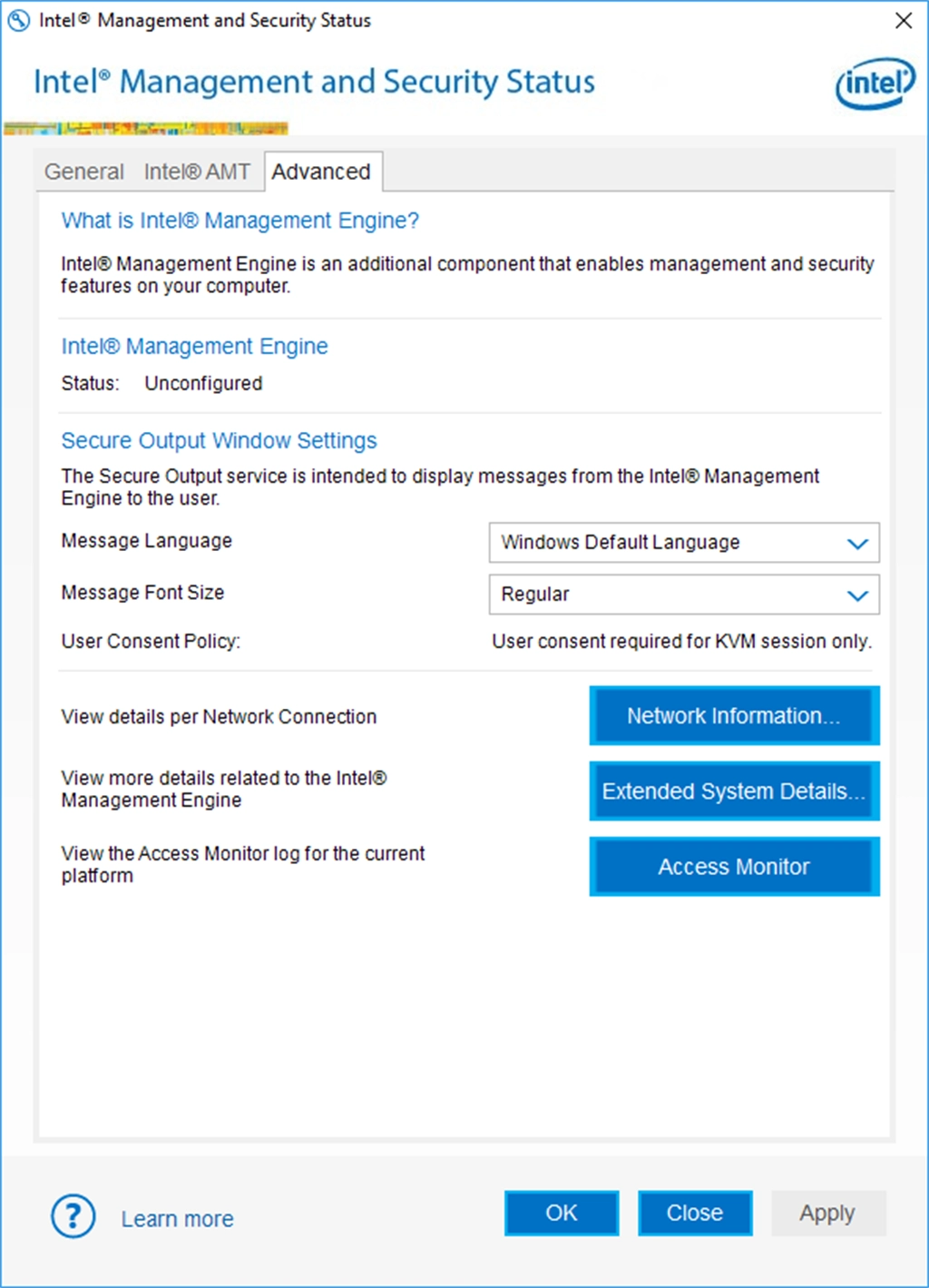 Intel(R) Management and Security Status Screenshot Image #3