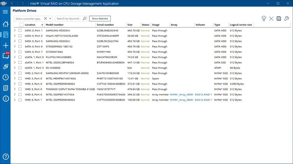 Intel Virtual RAID on CPU Storage Management Screenshot Image #1